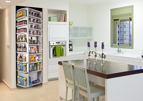 Space-saving revolving wardrobe demonstration at trade show