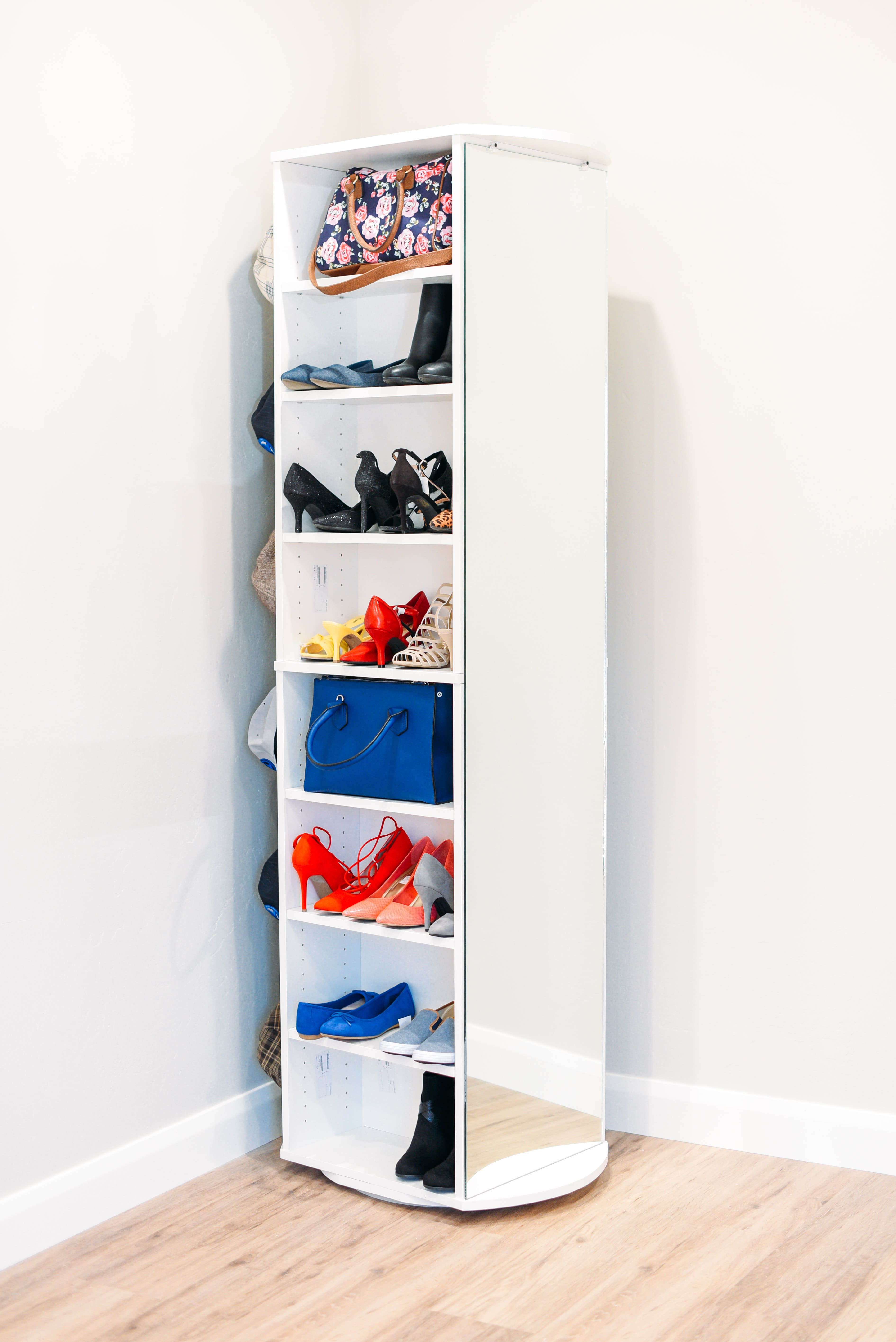 Bespoke rotating shoe tower installed in residential closet