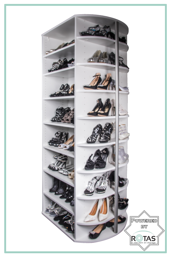 Boutique-inspired walk-in closets with bespoke rotating shoe tower