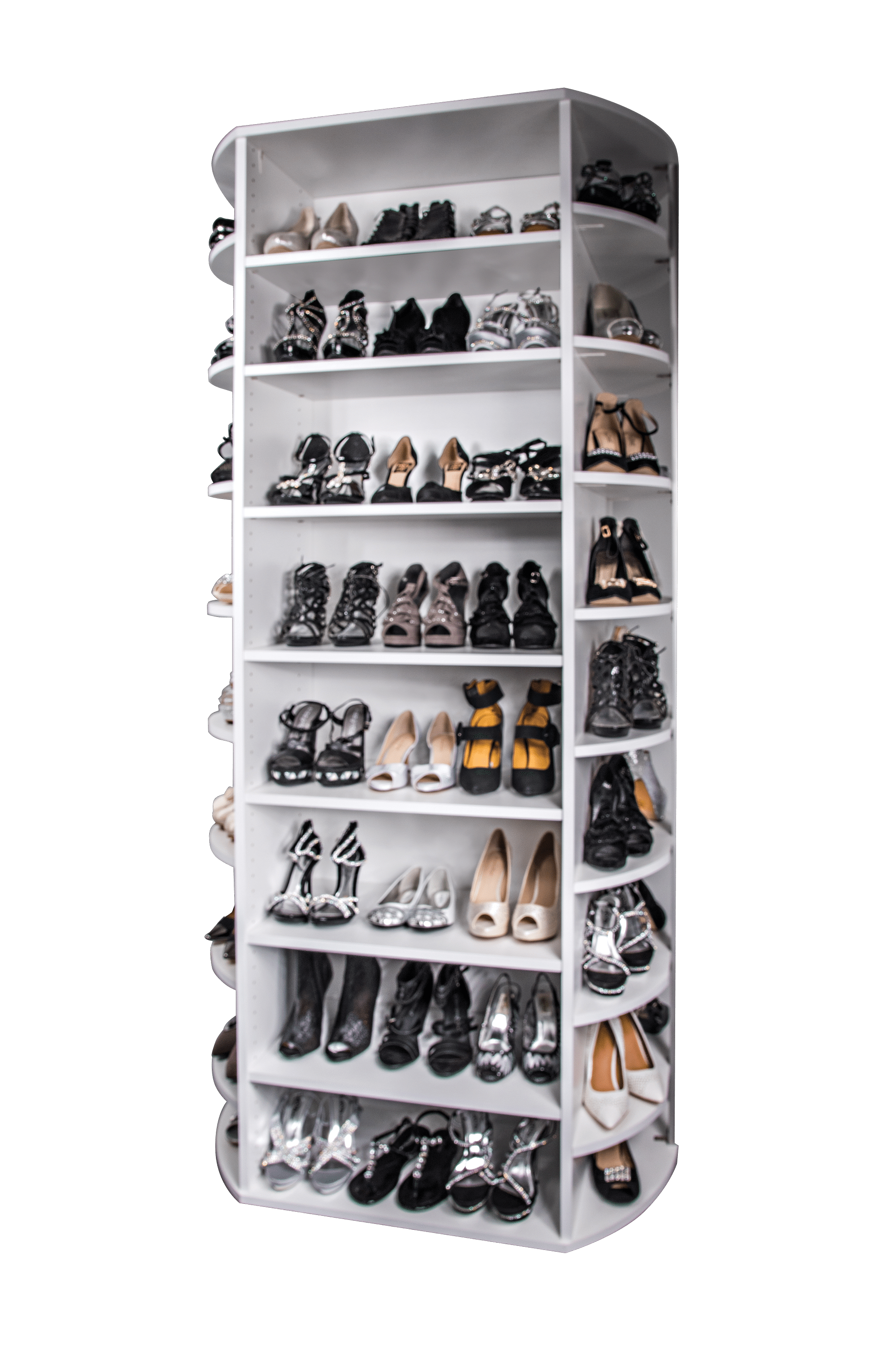 Motorized shoe rack with rotating closet organizer shelves